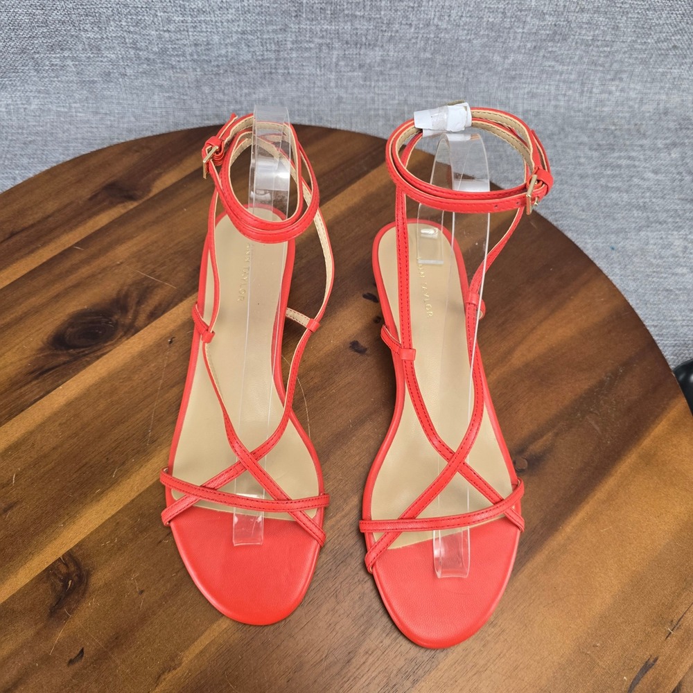 Ann Taylor Womens Coral Red Leather Strappy Ankle Strap Kitten Heel Sandals 6M - Picture 8 of 13